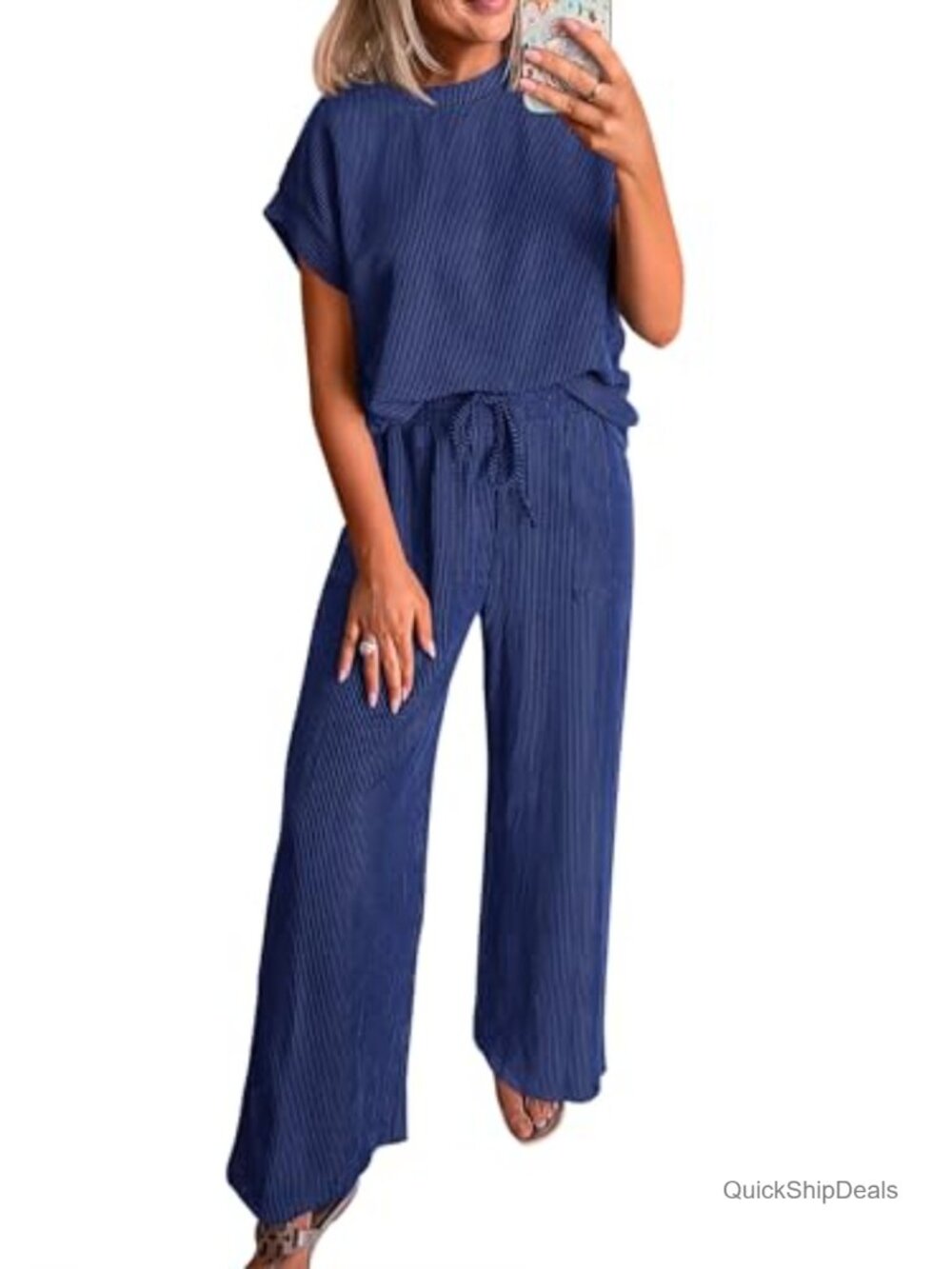 Women's 2 Piece Lounge Set Ribbed Knit Tracksuit Wide Leg Pants